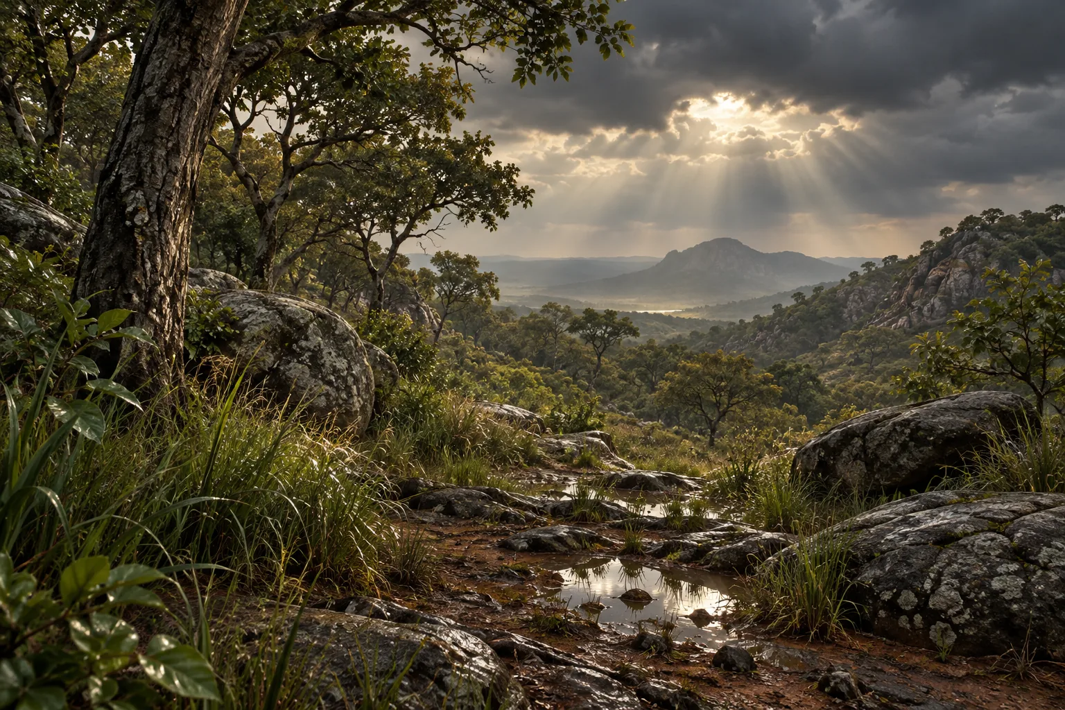 Concept artwork of a rain-soaked rocky path through woodland, with sunlight breaking through storm clouds.